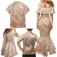 Hawaii Beige Kapa Family Matching Mermaid Dress and Hawaiian Shirt Vintage 'Ohe Kāpala Motifs Mix Plumeria Leis