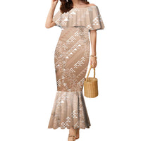 Hawaii Beige Kapa Family Matching Mermaid Dress and Hawaiian Shirt Vintage 'Ohe Kāpala Motifs Mix Plumeria Leis