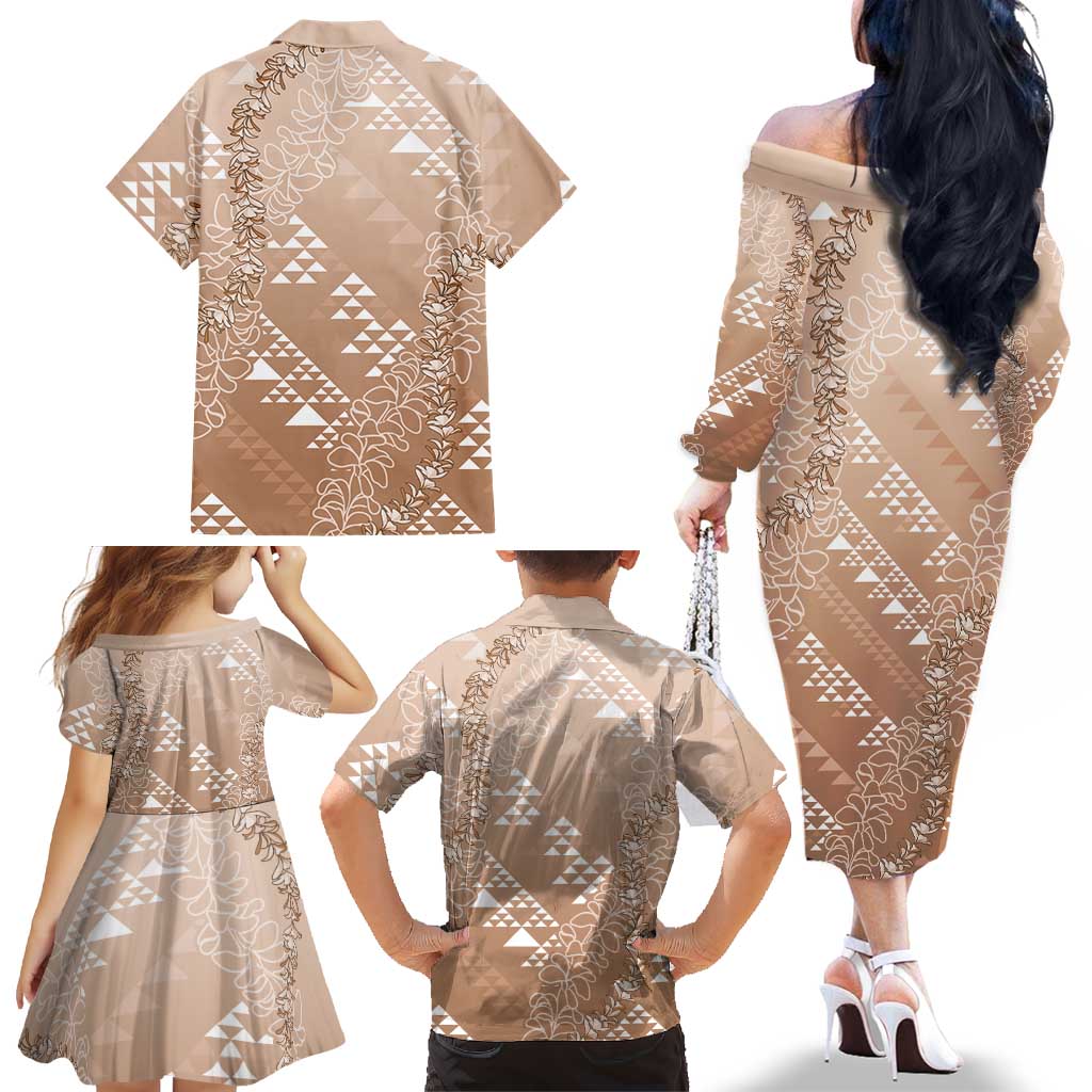 Hawaii Beige Kapa Family Matching Off The Shoulder Long Sleeve Dress and Hawaiian Shirt Vintage 'Ohe Kāpala Motifs Mix Plumeria Leis