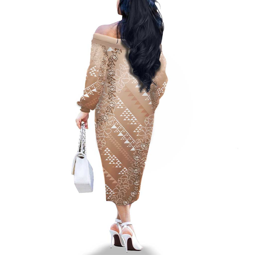 Hawaii Beige Kapa Family Matching Off The Shoulder Long Sleeve Dress and Hawaiian Shirt Vintage 'Ohe Kāpala Motifs Mix Plumeria Leis
