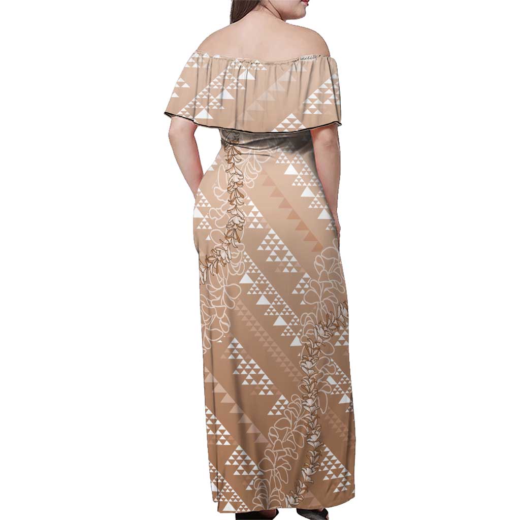 Hawaii Beige Kapa Family Matching Off Shoulder Maxi Dress and Hawaiian Shirt Vintage 'Ohe Kāpala Motifs Mix Plumeria Leis