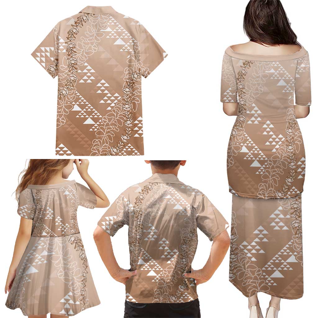 Hawaii Beige Kapa Family Matching Puletasi and Hawaiian Shirt Vintage 'Ohe Kāpala Motifs Mix Plumeria Leis