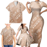 Hawaii Beige Kapa Family Matching Short Sleeve Bodycon Dress and Hawaiian Shirt Vintage 'Ohe Kāpala Motifs Mix Plumeria Leis