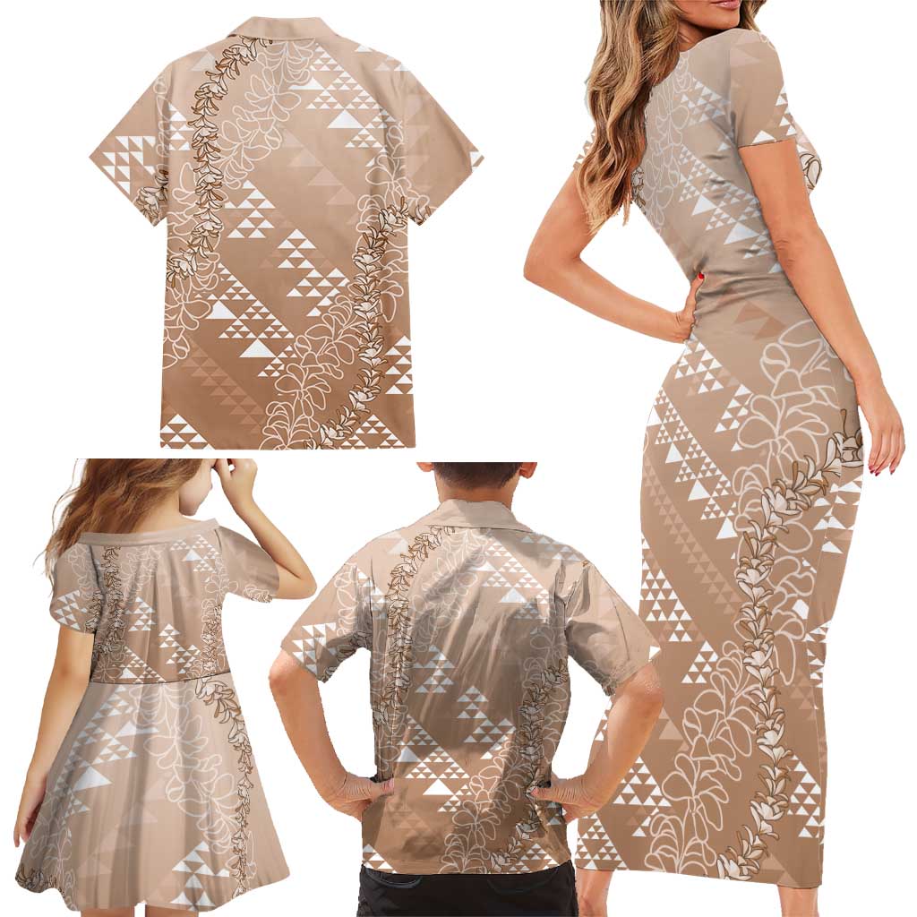 Hawaii Beige Kapa Family Matching Short Sleeve Bodycon Dress and Hawaiian Shirt Vintage 'Ohe Kāpala Motifs Mix Plumeria Leis