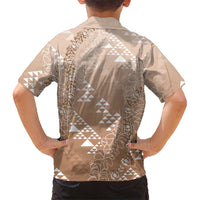 Hawaii Beige Kapa Family Matching Summer Maxi Dress and Hawaiian Shirt Vintage 'Ohe Kāpala Motifs Mix Plumeria Leis