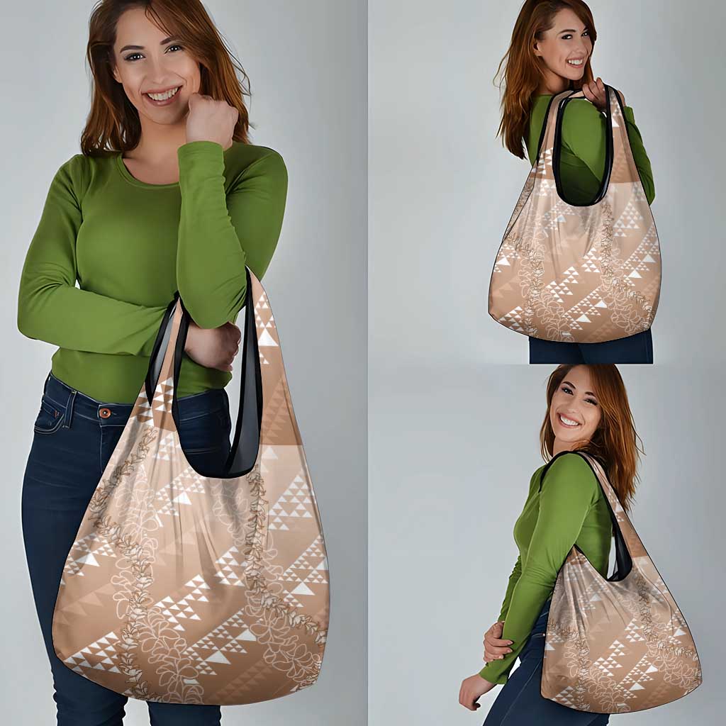 Hawaii Beige Kapa Grocery Bag Vintage 'Ohe Kāpala Motifs Mix Plumeria Leis LT7 - Polynesian Pride
