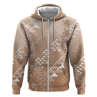 Hawaii Beige Kapa Hoodie Vintage 'Ohe Kāpala Motifs Mix Plumeria Leis LT7 Zip Hoodie Beige - Polynesian Pride
