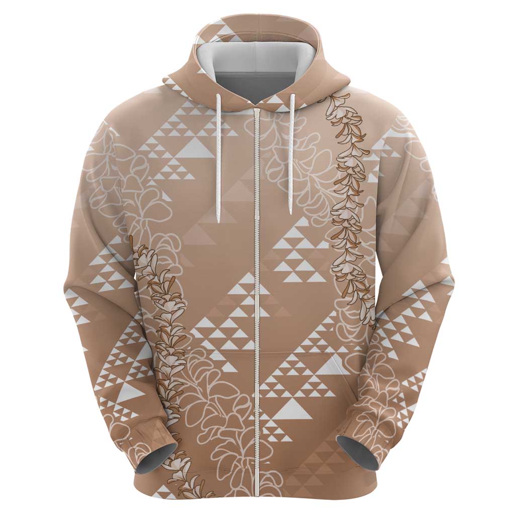 Hawaii Beige Kapa Hoodie Vintage 'Ohe Kāpala Motifs Mix Plumeria Leis LT7 - Polynesian Pride