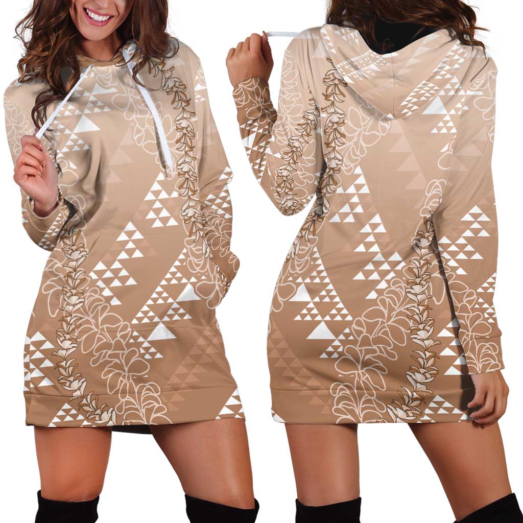 Hawaii Beige Kapa Hoodie Dress Vintage 'Ohe Kāpala Motifs Mix Plumeria Leis