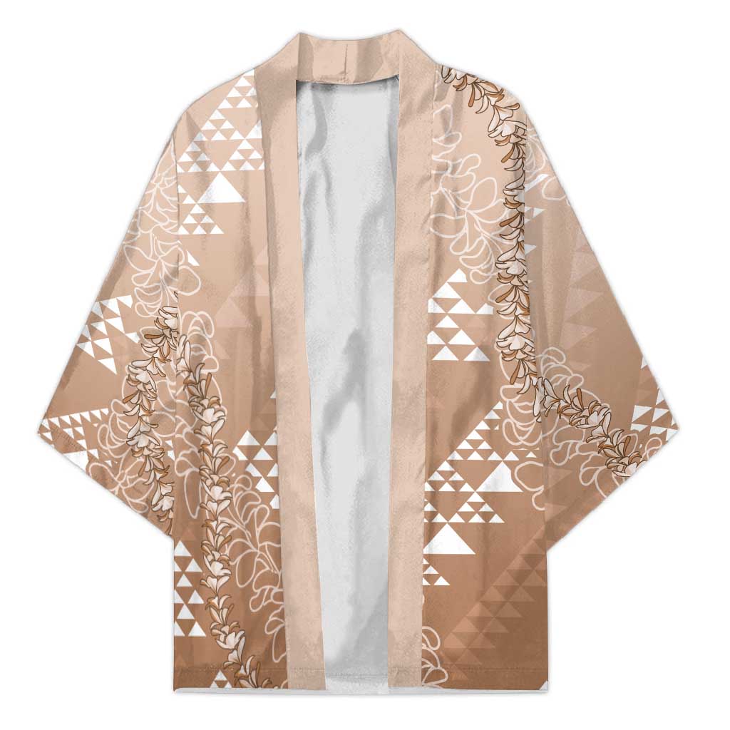 Hawaii Beige Kapa Kimono Vintage 'Ohe Kāpala Motifs Mix Plumeria Leis