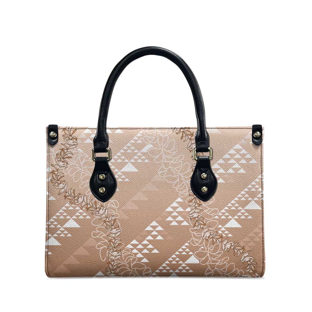 Hawaii Beige Kapa Leather Bag Vintage 'Ohe Kāpala Motifs Mix Plumeria Leis LT7 - Polynesian Pride