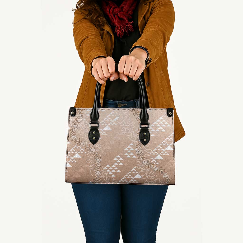 Hawaii Beige Kapa Leather Bag Vintage 'Ohe Kāpala Motifs Mix Plumeria Leis LT7 - Polynesian Pride