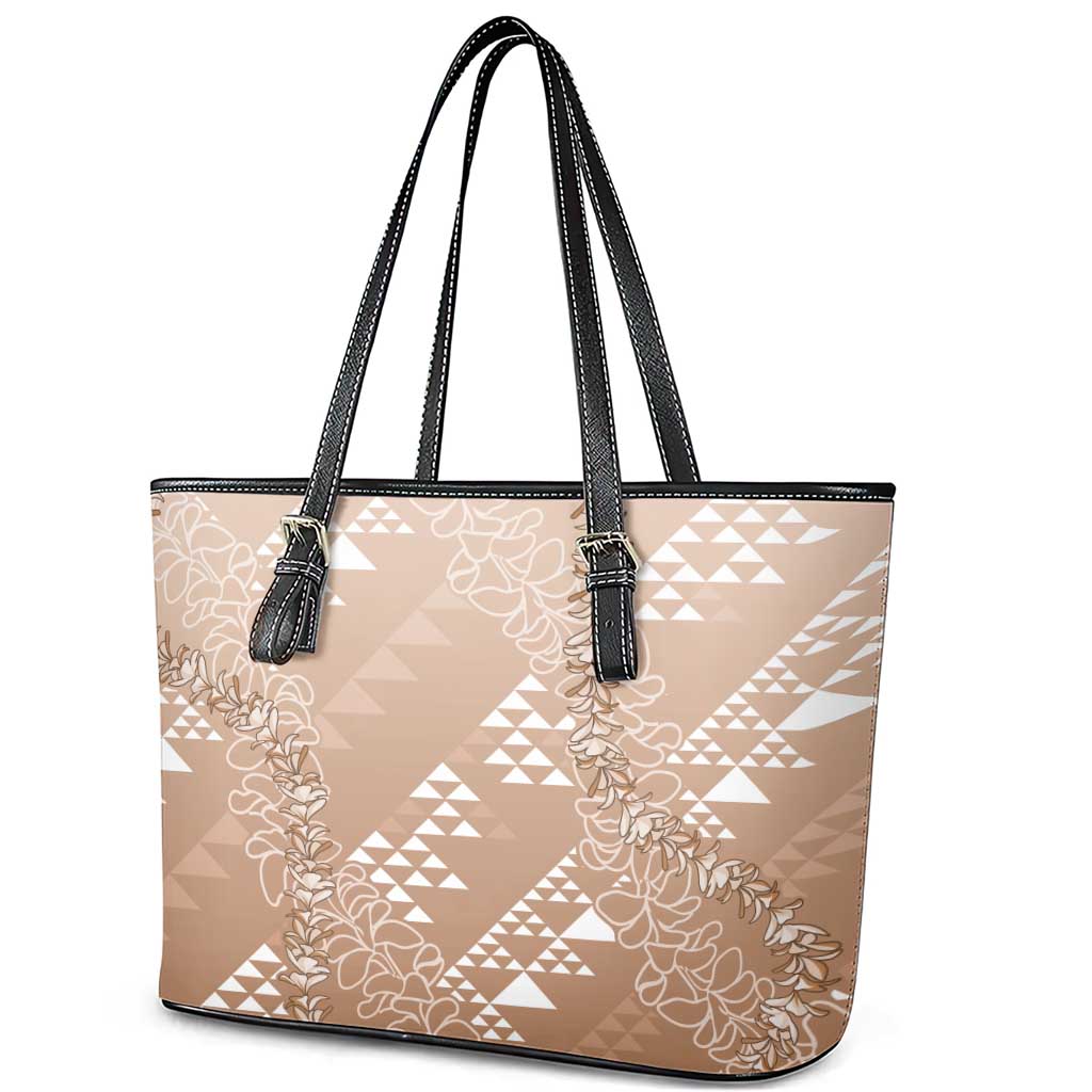 Hawaii Beige Kapa Leather Tote Bag Vintage 'Ohe Kāpala Motifs Mix Plumeria Leis LT7 - Polynesian Pride