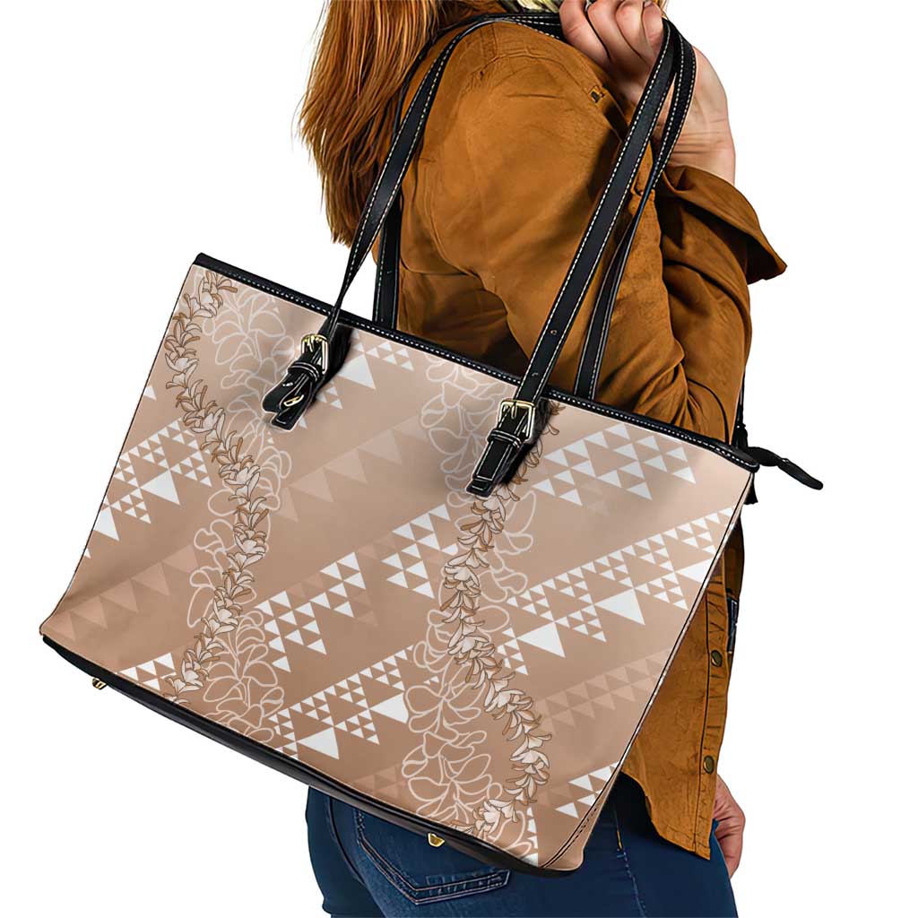 Hawaii Beige Kapa Leather Tote Bag Vintage 'Ohe Kāpala Motifs Mix Plumeria Leis LT7 - Polynesian Pride
