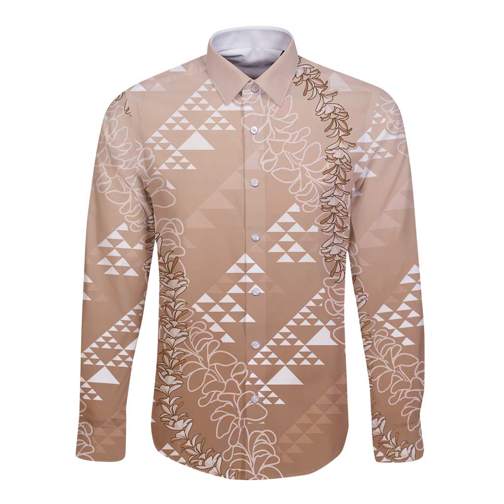 Hawaii Beige Kapa Long Sleeve Button Shirt Vintage 'Ohe Kāpala Motifs Mix Plumeria Leis LT7 Unisex Beige - Polynesian Pride