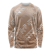 Hawaii Beige Kapa Long Sleeve Shirt Vintage 'Ohe Kāpala Motifs Mix Plumeria Leis LT7 Unisex Beige - Polynesian Pride