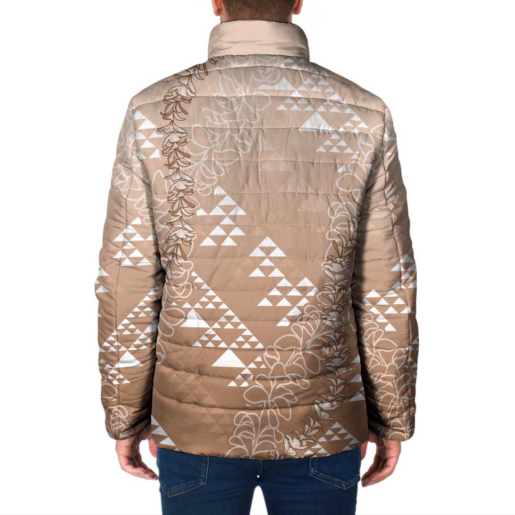 Hawaii Beige Kapa Padded Jacket Vintage 'Ohe Kāpala Motifs Mix Plumeria Leis LT7 - Polynesian Pride