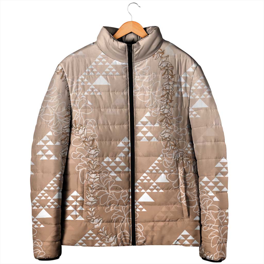 Hawaii Beige Kapa Padded Jacket Vintage 'Ohe Kāpala Motifs Mix Plumeria Leis LT7 - Polynesian Pride