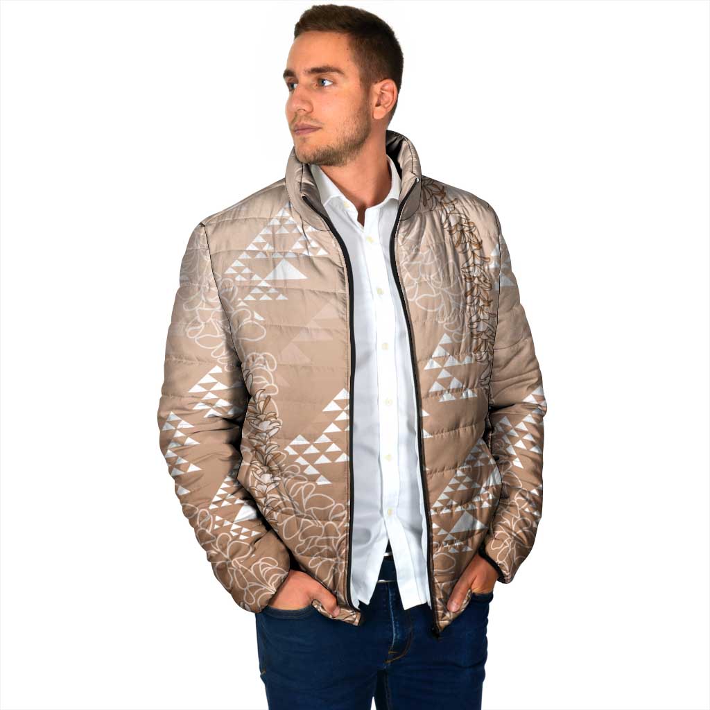 Hawaii Beige Kapa Padded Jacket Vintage 'Ohe Kāpala Motifs Mix Plumeria Leis LT7 - Polynesian Pride