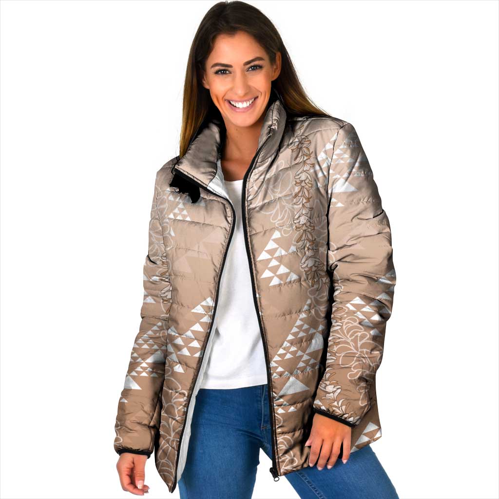Hawaii Beige Kapa Padded Jacket Vintage 'Ohe Kāpala Motifs Mix Plumeria Leis LT7 Women Beige - Polynesian Pride
