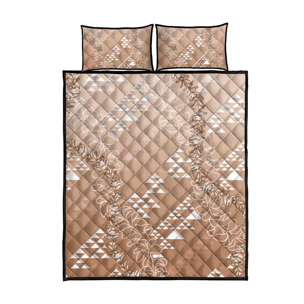 Hawaii Beige Kapa Quilt Bed Set Vintage 'Ohe Kāpala Motifs Mix Plumeria Leis LT7 - Polynesian Pride