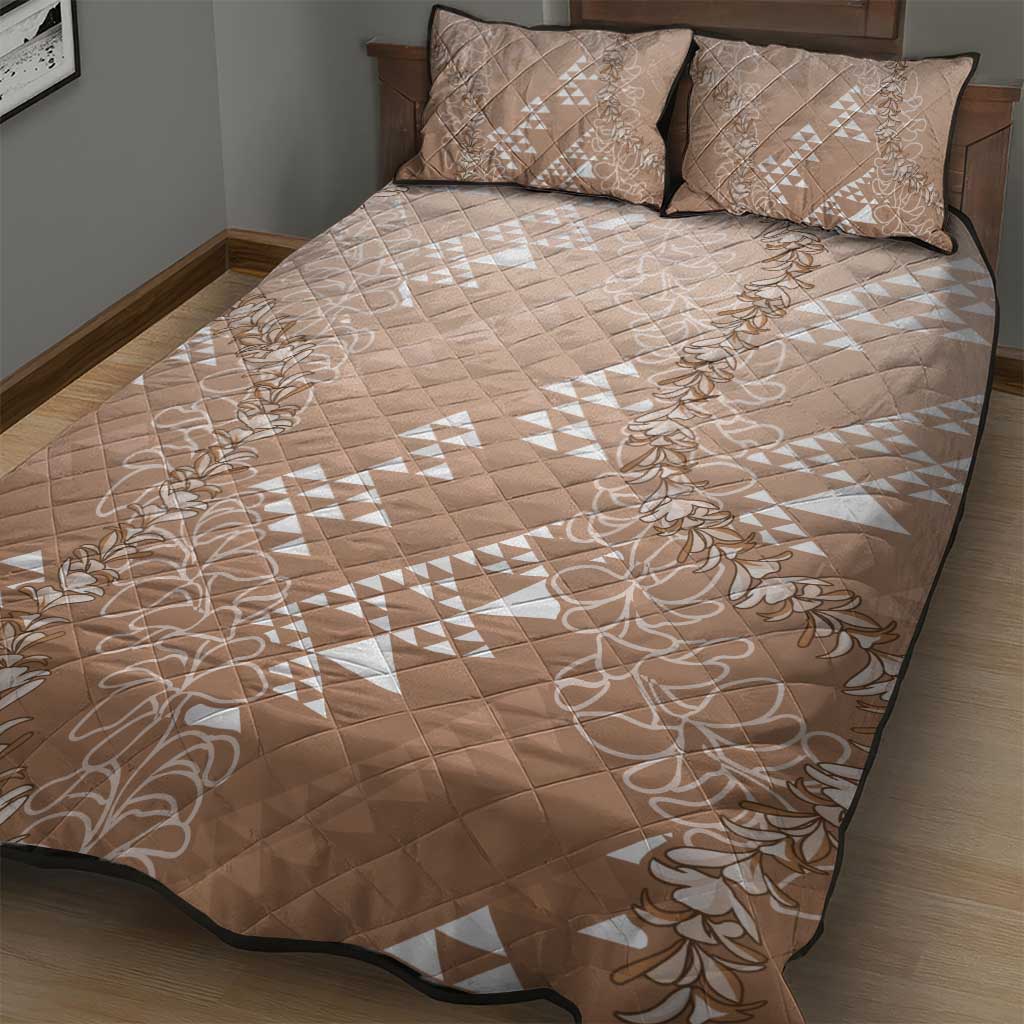 Hawaii Beige Kapa Quilt Bed Set Vintage 'Ohe Kāpala Motifs Mix Plumeria Leis LT7 - Polynesian Pride