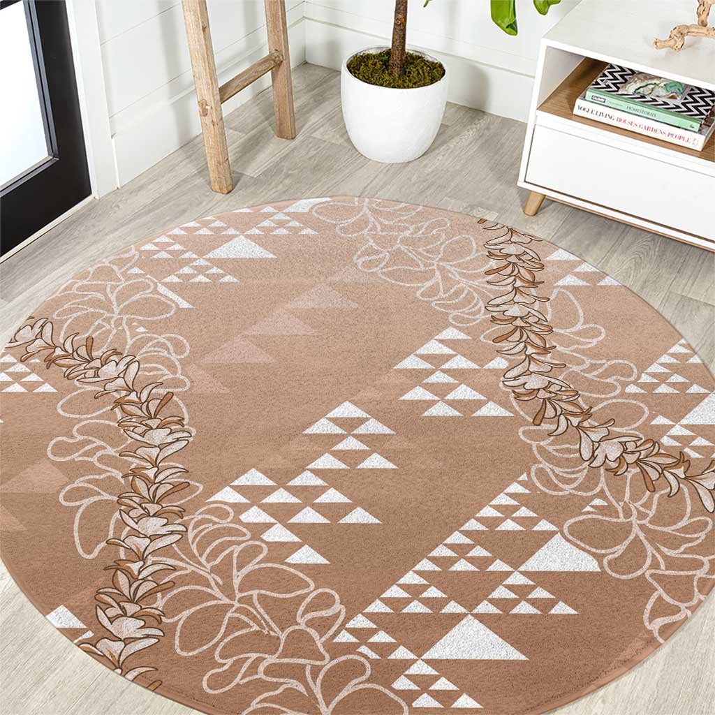 Hawaii Beige Kapa Round Carpet Vintage 'Ohe Kāpala Motifs Mix Plumeria Leis LT7 Beige - Polynesian Pride