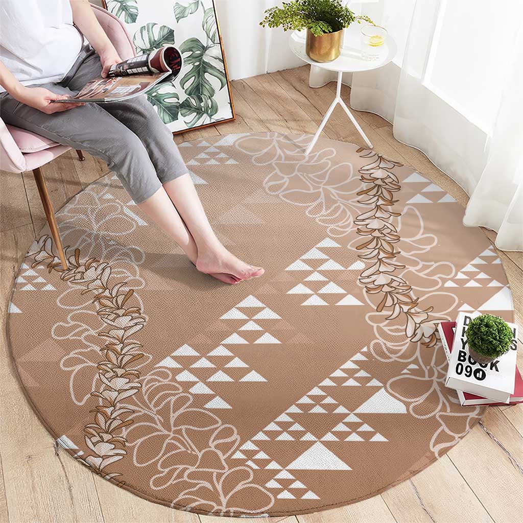 Hawaii Beige Kapa Round Carpet Vintage 'Ohe Kāpala Motifs Mix Plumeria Leis LT7 - Polynesian Pride