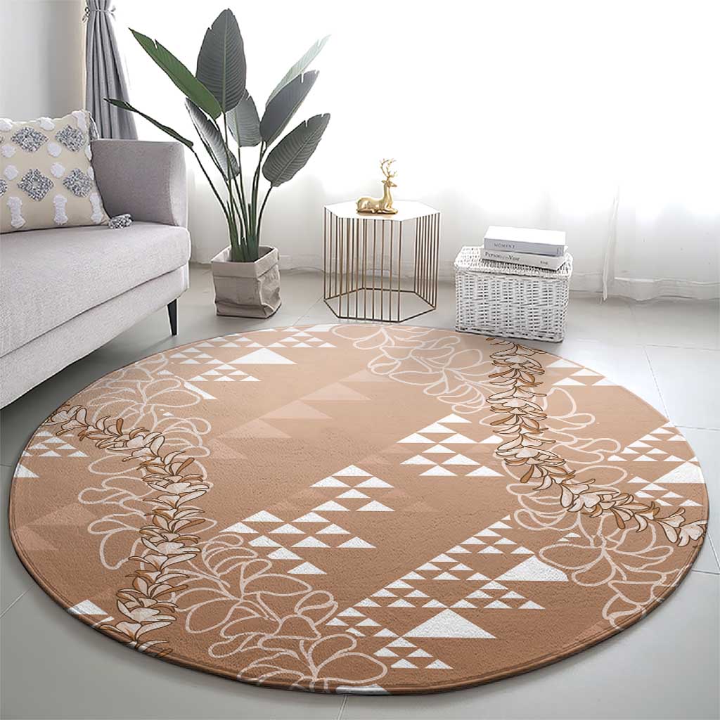 Hawaii Beige Kapa Round Carpet Vintage 'Ohe Kāpala Motifs Mix Plumeria Leis LT7 - Polynesian Pride