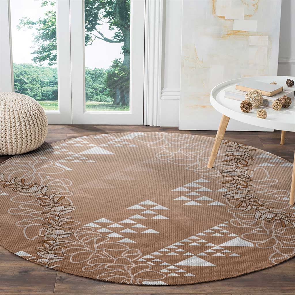 Hawaii Beige Kapa Round Carpet Vintage 'Ohe Kāpala Motifs Mix Plumeria Leis LT7 - Polynesian Pride