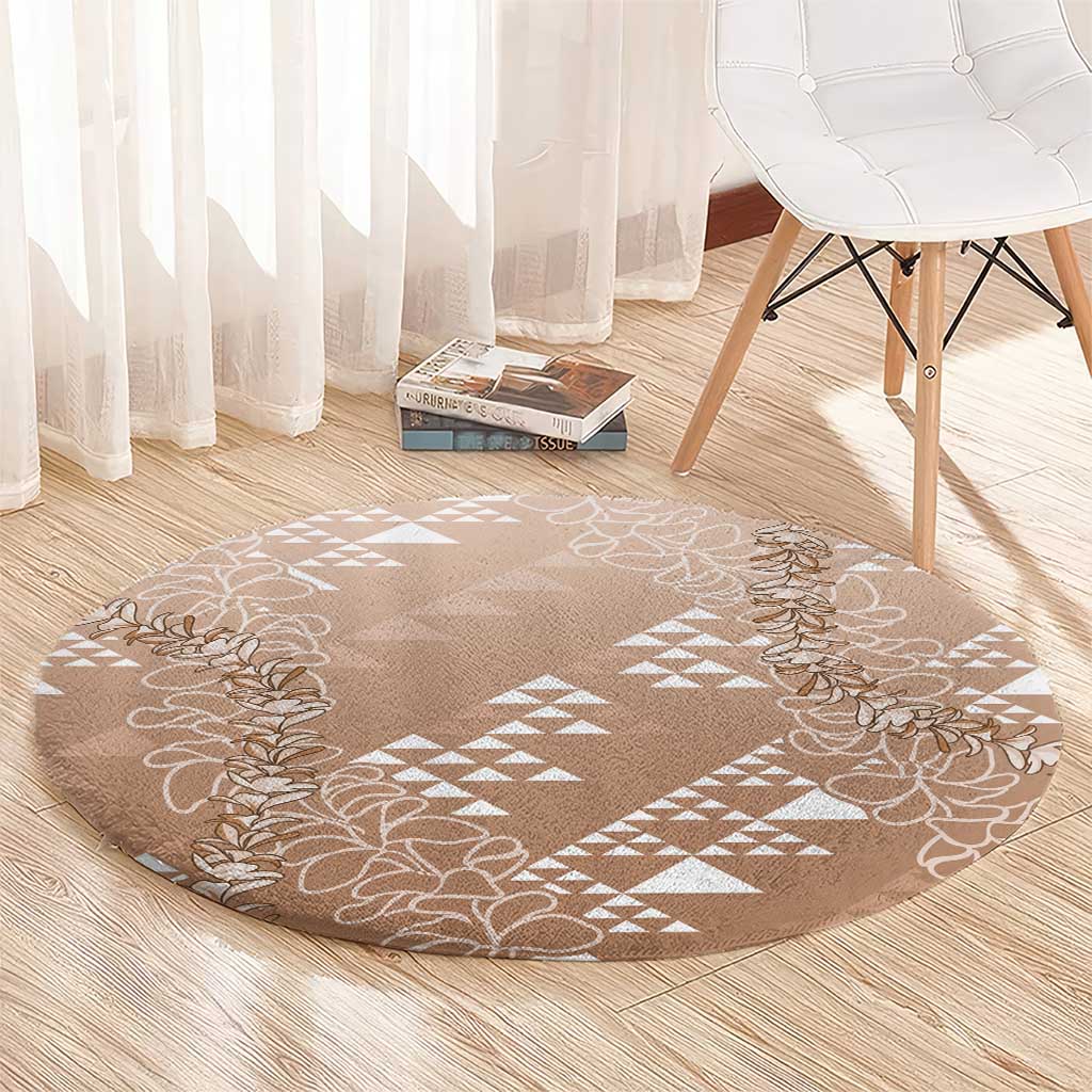 Hawaii Beige Kapa Round Carpet Vintage 'Ohe Kāpala Motifs Mix Plumeria Leis LT7 - Polynesian Pride