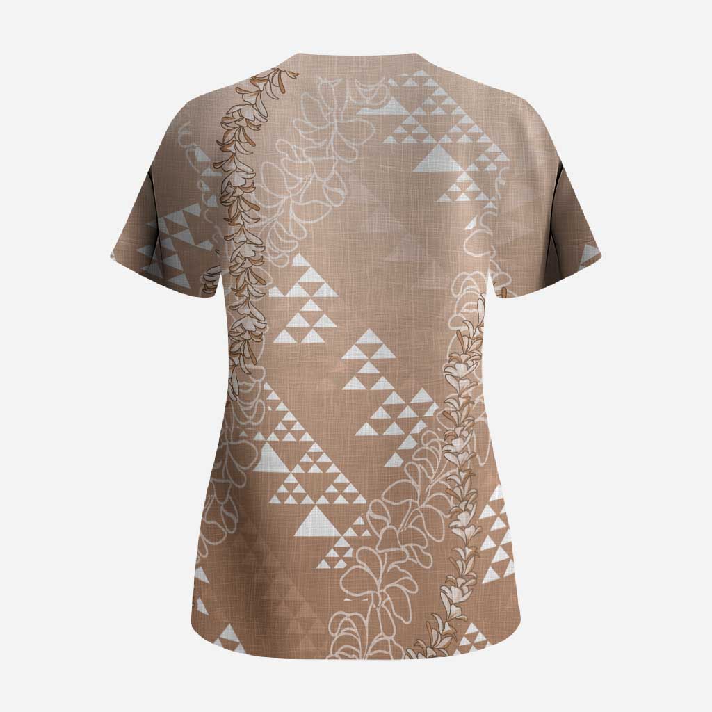 Hawaii Beige Kapa Scrub Top Vintage 'Ohe Kāpala Motifs Mix Plumeria Leis LT7 - Polynesian Pride