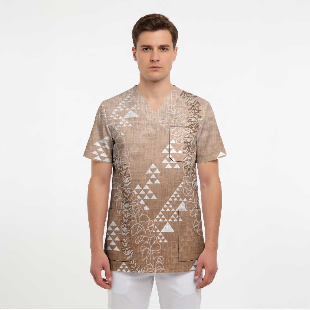 Hawaii Beige Kapa Scrub Top Vintage 'Ohe Kāpala Motifs Mix Plumeria Leis LT7 - Polynesian Pride