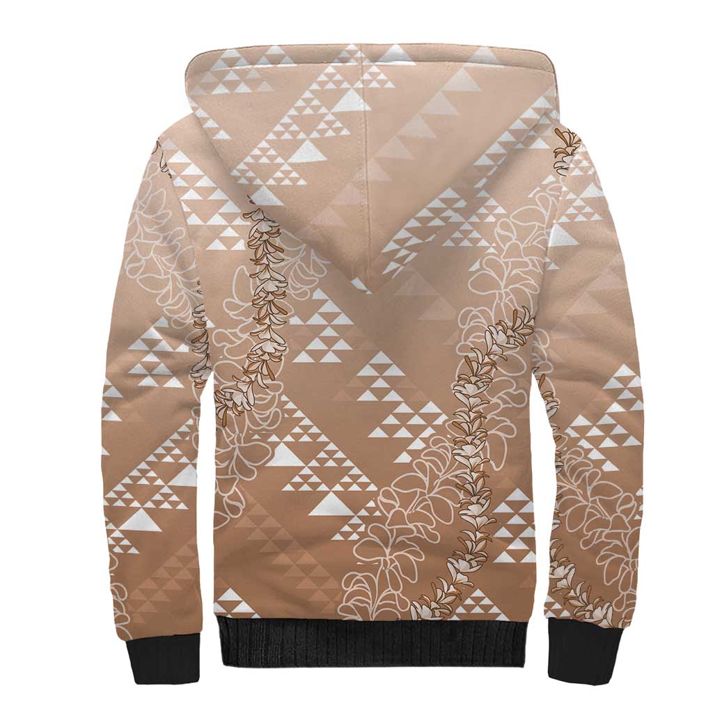 Hawaii Beige Kapa Sherpa Hoodie Vintage 'Ohe Kāpala Motifs Mix Plumeria Leis