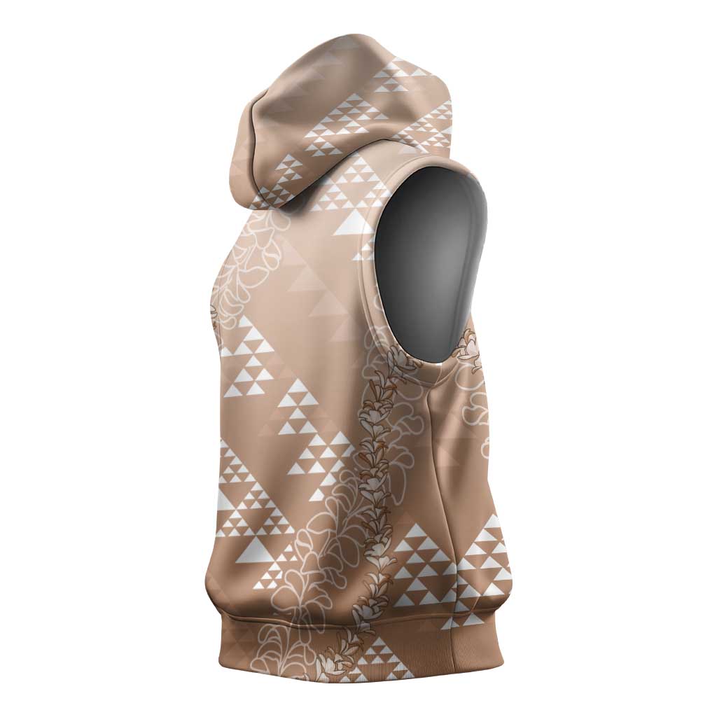 Hawaii Beige Kapa Sleeveless Hoodie Vintage 'Ohe Kāpala Motifs Mix Plumeria Leis LT7 - Polynesian Pride
