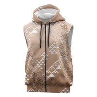 Hawaii Beige Kapa Sleeveless Zip Hoodie Vintage 'Ohe Kāpala Motifs Mix Plumeria Leis