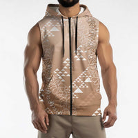 Hawaii Beige Kapa Sleeveless Zip Hoodie Vintage 'Ohe Kāpala Motifs Mix Plumeria Leis