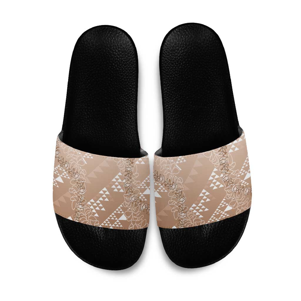 Hawaii Beige Kapa Slide Sandals Vintage 'Ohe Kāpala Motifs Mix Plumeria Leis