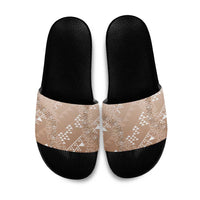 Hawaii Beige Kapa Slide Sandals Vintage 'Ohe Kāpala Motifs Mix Plumeria Leis