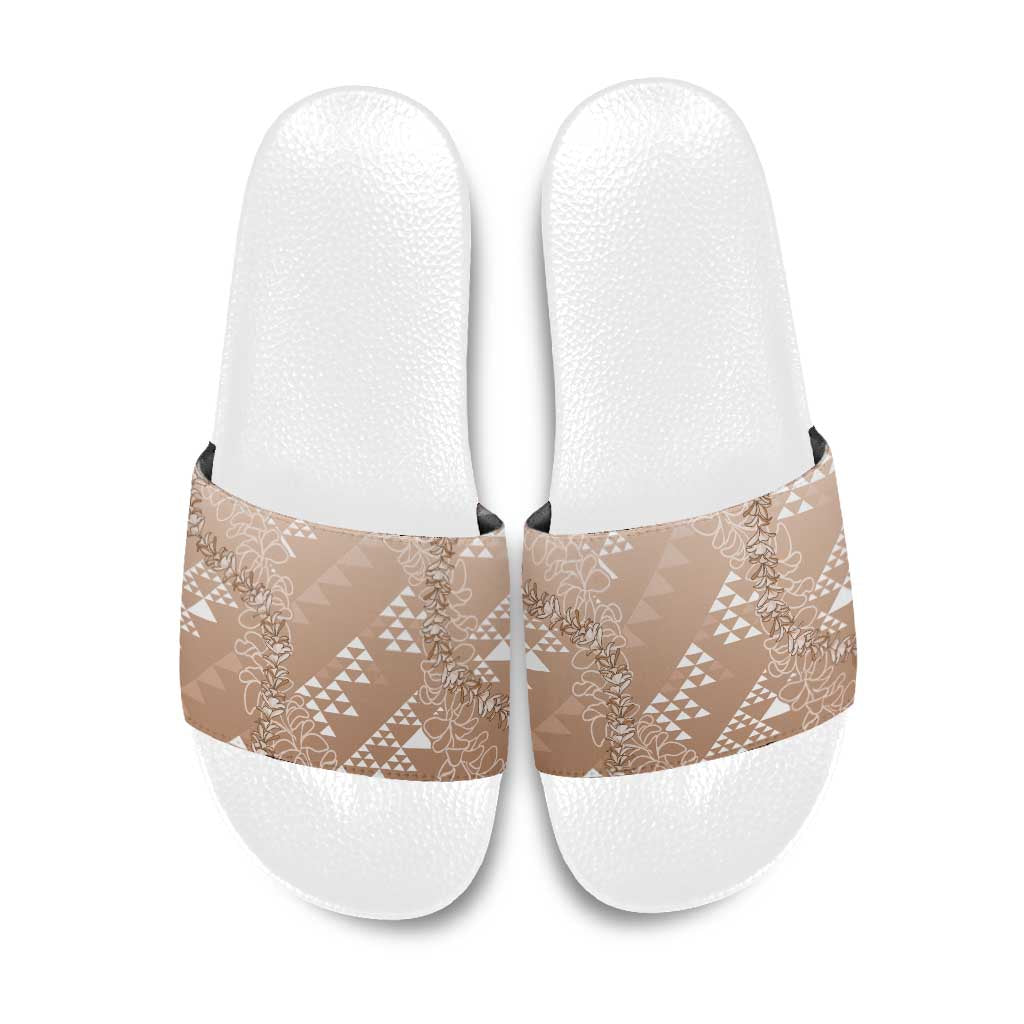 Hawaii Beige Kapa Slide Sandals Vintage 'Ohe Kāpala Motifs Mix Plumeria Leis