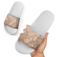 Hawaii Beige Kapa Slide Sandals Vintage 'Ohe Kāpala Motifs Mix Plumeria Leis