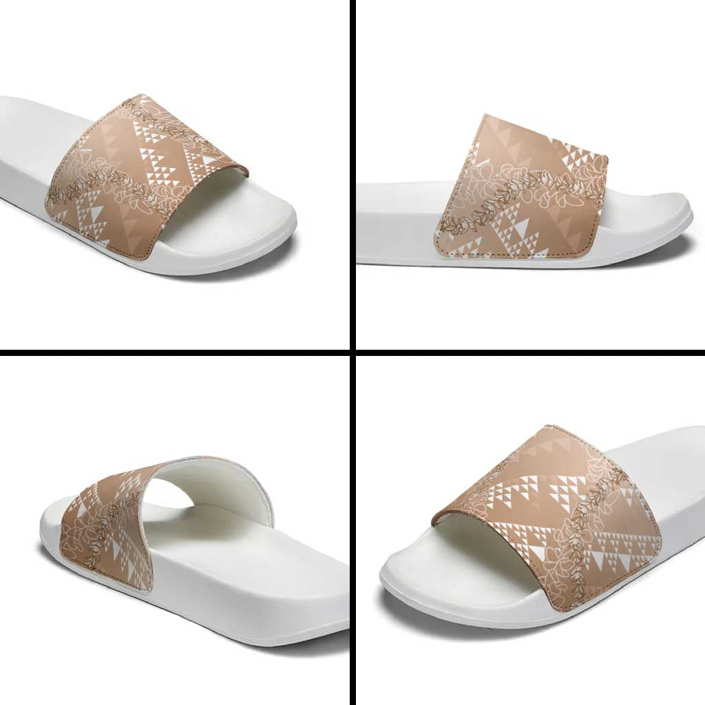 Hawaii Beige Kapa Slide Sandals Vintage 'Ohe Kāpala Motifs Mix Plumeria Leis