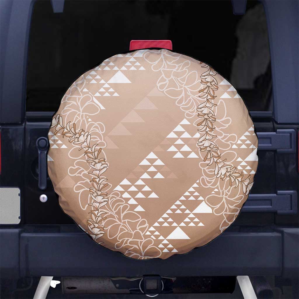 Hawaii Beige Kapa Spare Tire Cover Vintage 'Ohe Kāpala Motifs Mix Plumeria Leis LT7 No hole Beige - Polynesian Pride