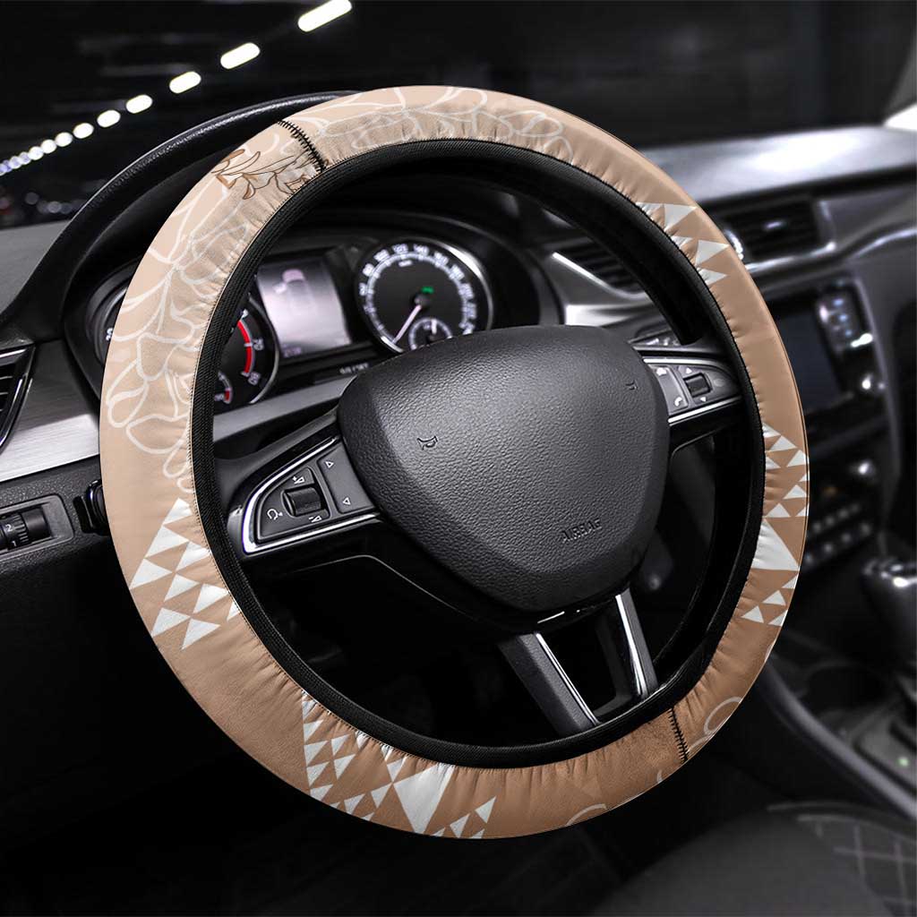 Hawaii Beige Kapa Steering Wheel Cover Vintage 'Ohe Kāpala Motifs Mix Plumeria Leis LT7 Universal Fit Beige - Polynesian Pride