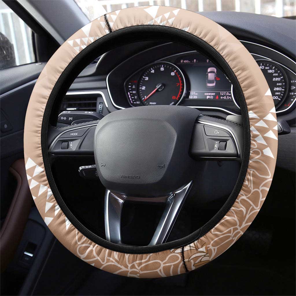 Hawaii Beige Kapa Steering Wheel Cover Vintage 'Ohe Kāpala Motifs Mix Plumeria Leis LT7 - Polynesian Pride