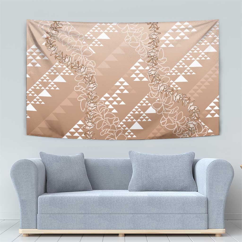 Hawaii Beige Kapa Tapestry Vintage 'Ohe Kāpala Motifs Mix Plumeria Leis