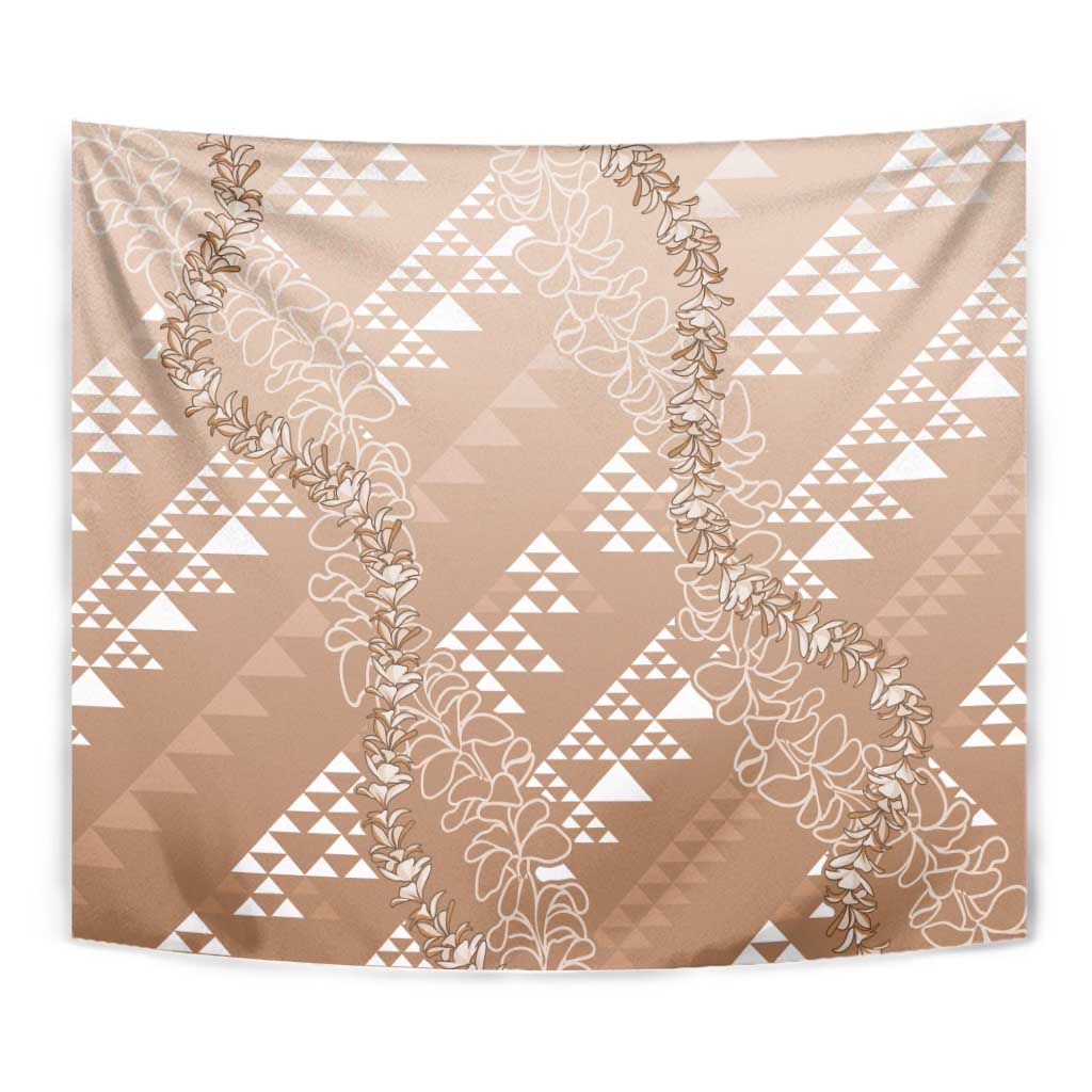 Hawaii Beige Kapa Tapestry Vintage 'Ohe Kāpala Motifs Mix Plumeria Leis