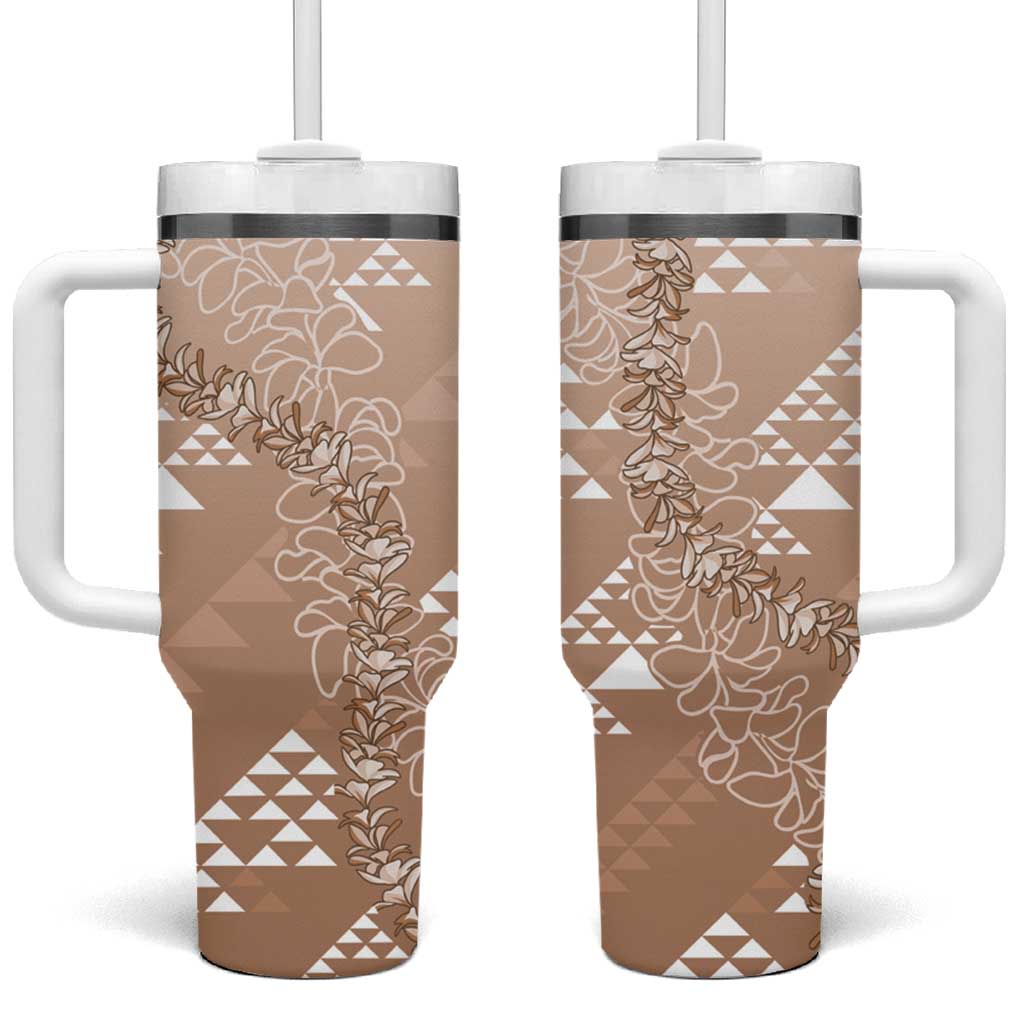 Hawaii Beige Kapa Tumbler With Handle Vintage 'Ohe Kāpala Motifs Mix Plumeria Leis