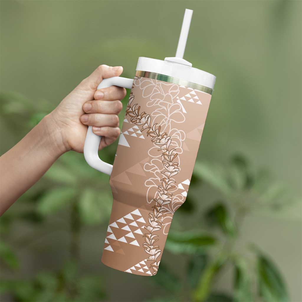 Hawaii Beige Kapa Tumbler With Handle Vintage 'Ohe Kāpala Motifs Mix Plumeria Leis