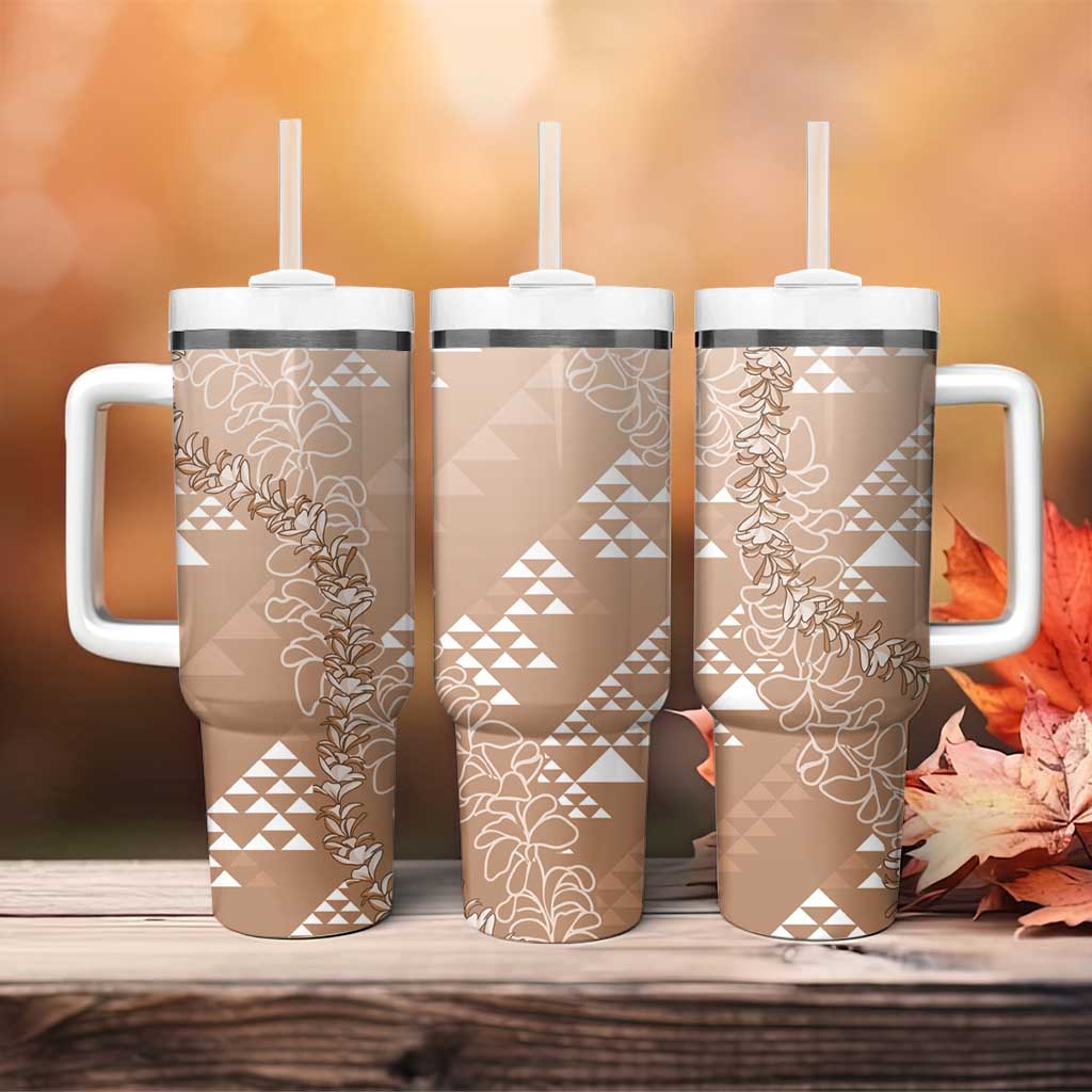Hawaii Beige Kapa Tumbler With Handle Vintage 'Ohe Kāpala Motifs Mix Plumeria Leis